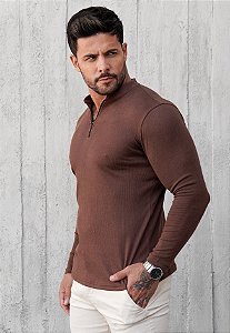 Blusa Zíper Manga Longa Marrom Café