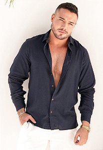 Camisa Manga Longa Linho Azul Jeans