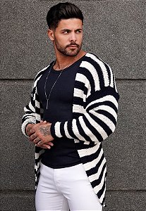 Cardigan Tricot Listrado Azul Marinho