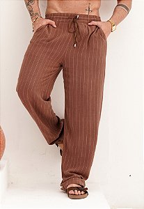 Calça Linho Risca De Giz Marrom Chocolate