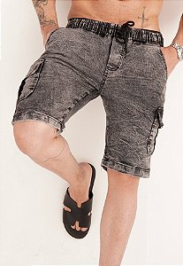 Bermuda Jeans Cargo Estonada Preta