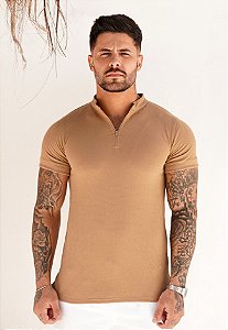 Blusa Gola Padre Tricot Zíper Bege