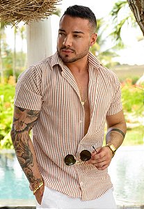 Camisa Linho Listrada Nude