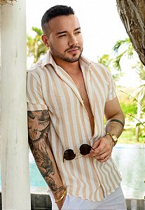 Camisa Linho Listrada Bege