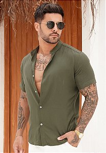 Camisa Viscolinho Gola Padre Verde Musgo