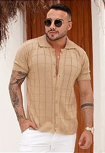 Camiseta Tricot Quadriculada Bege