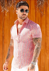 Camisa Linho Listrada Vermelha