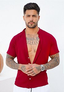 Camisa Viscolinho Gola Padre Vermelho Marsala