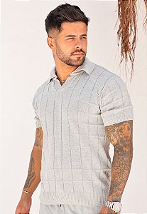 Camiseta Tricot Quadriculada Cinza Mescla