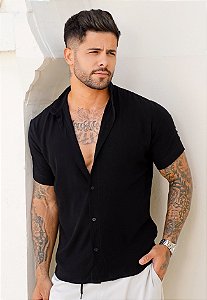 Camisa Viscolinho Gola Padre Preta
