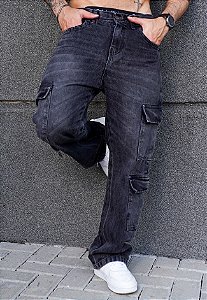 Calça Jeans Cargo Preto Estonado