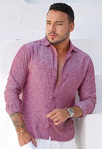 Camisa Linho Manga Longa Vermelho Bordô