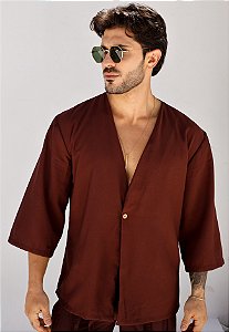Kimono Blazer Alfaiataria Marrom Café
