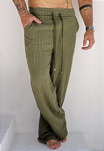 Calça Linho Risca De Giz Verde Musgo