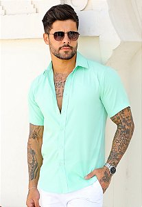 Camisa Social Manga Curta Verde Água