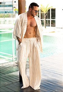 Conjunto Kimono + Calça Listrado Caramelo