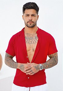 Camisa Viscolinho Gola Padre Vermelha