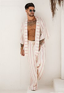 Conjunto Kimono + Calça Listrada Rosa