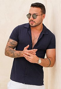 Camisa Polo Texturizada Azul Marinho