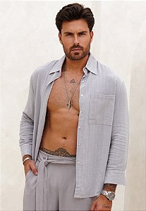 Camisa Linho Manga Longa Cinza Mescla