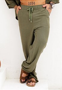 Calça Pantalona Linho Verde Militar