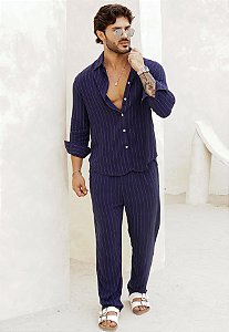 Conjunto Linho Listrado Azul Marinho