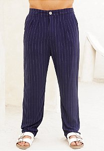 Calça Linho Listrada Azul Marinho