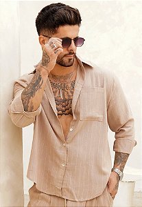 Camisa Linho Listrada Nude