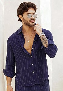 Camisa Linho Listrada Azul Marinho