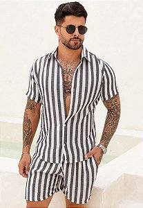Conjunto Linho Listrado Cinza Grafite