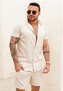 Conjunto Linho Gola Padre Areia