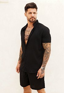 Conjunto Linho Gola Padre Preto