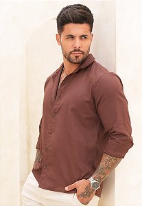Camisa Linho Manga Longa Marrom Chocolate