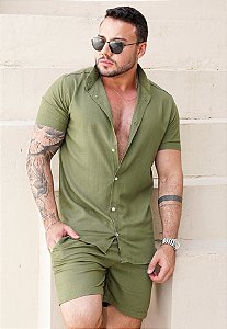 Conjunto Linho Gola Padre Verde Musgo
