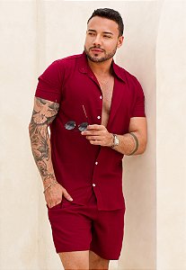 Conjunto Linho Gola Padre Vermelho Marsala