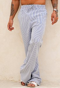Calça Linho Listrada Azul
