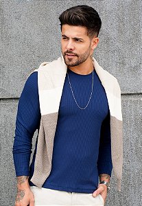 Blusa Manga Longa Canelada Azul Marinho