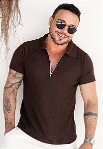Camiseta Polo Tricot Zíper Marrom Café
