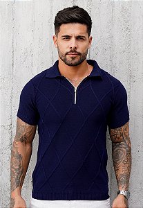 Camiseta Polo Tricot Zíper Azul Marinho