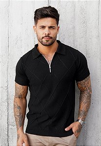 Camiseta Polo Tricot Zíper Preta