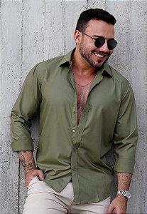 Camisa Social Acetinada Verde C/ Elastano Musgo