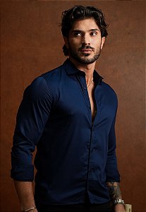 Camisa Social Acetinada Azul Marinho