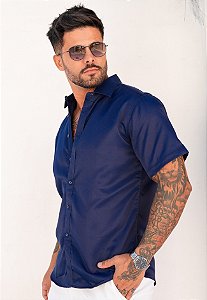 Camisa Social Acetinada C/ Elastano Azul Marinho