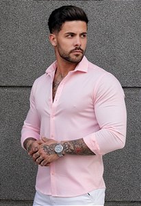 Camisa Social Acetinada C/ Elastano Rosa Bebê