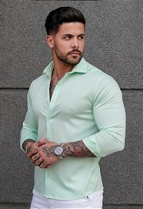 Camisa Social Acetinada C/ Elastano Verde Menta