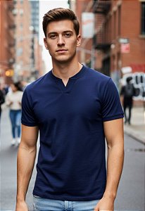 Camiseta Texturizada Gola V Azul Marinho