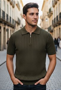 Camiseta Tricot Gola Zíper Verde Musgo