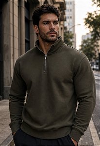 Blusa Moletom Gola Zíper Verde Musgo