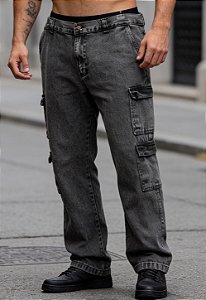 Calça Jeans Cargo Preto Estonado