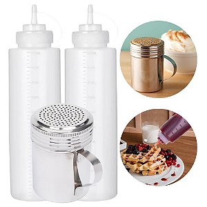 Kit 2 Bisnagas Para Molho 1 litro com Tampa e 1 Polvilhador Inox 320ml